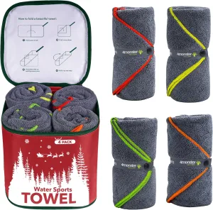4Monster 4 Pack Microfiber Camping Towel Quick Dry, Super Absorbent Travel Towel with Waterproof Bag, Lightweight Boat Towel for RV, Sport, Gym, Beach, Pool, Swim,Family Trip