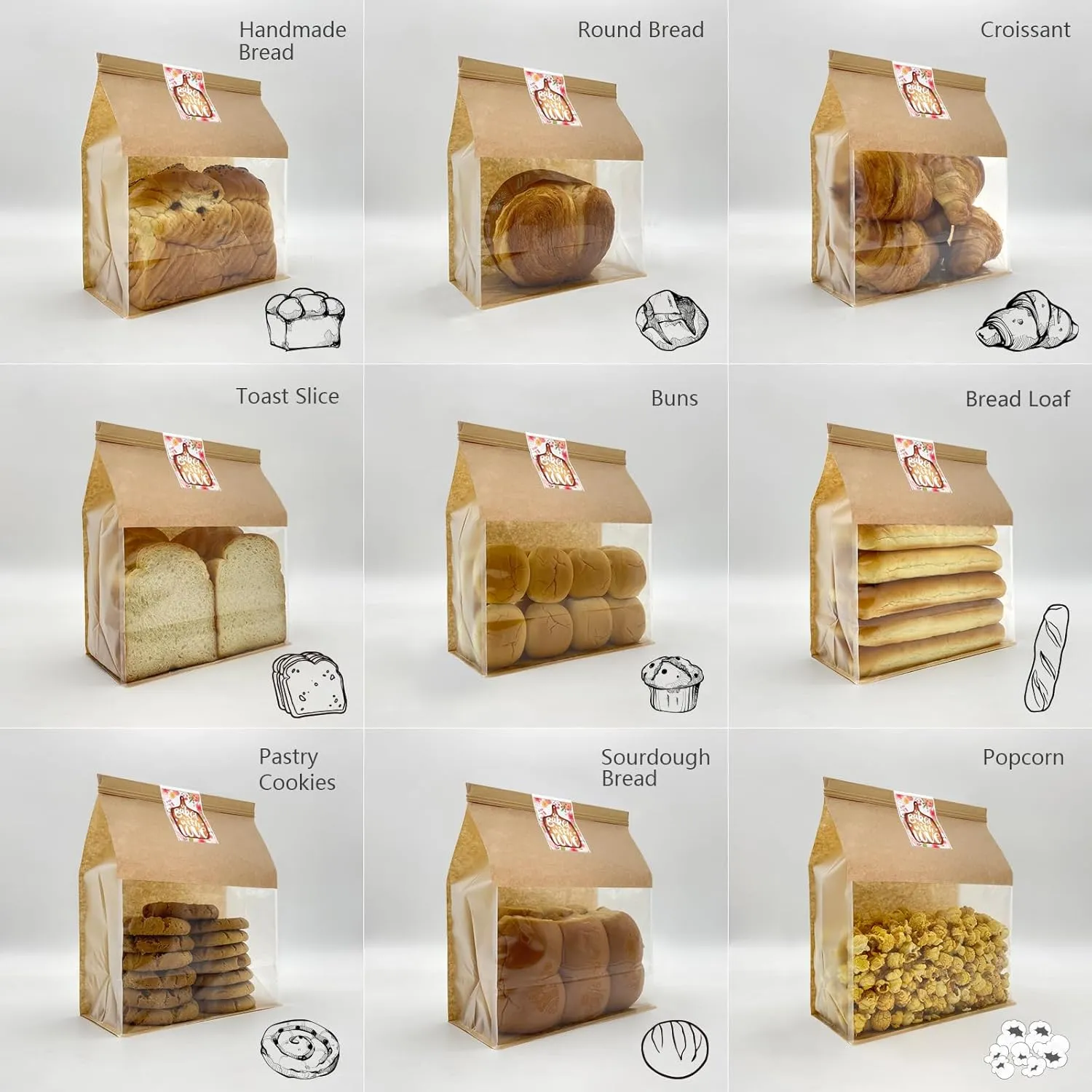 50ct 8.7×4.3×11inch Thicker Large Bread Bags for Homemade with Window, Twist Tie & Sticker Label - Ideal for Sourdough Bread, Loaf, Bakery, Pastry & Baked Goods, Brown Paper with Flat Bottom