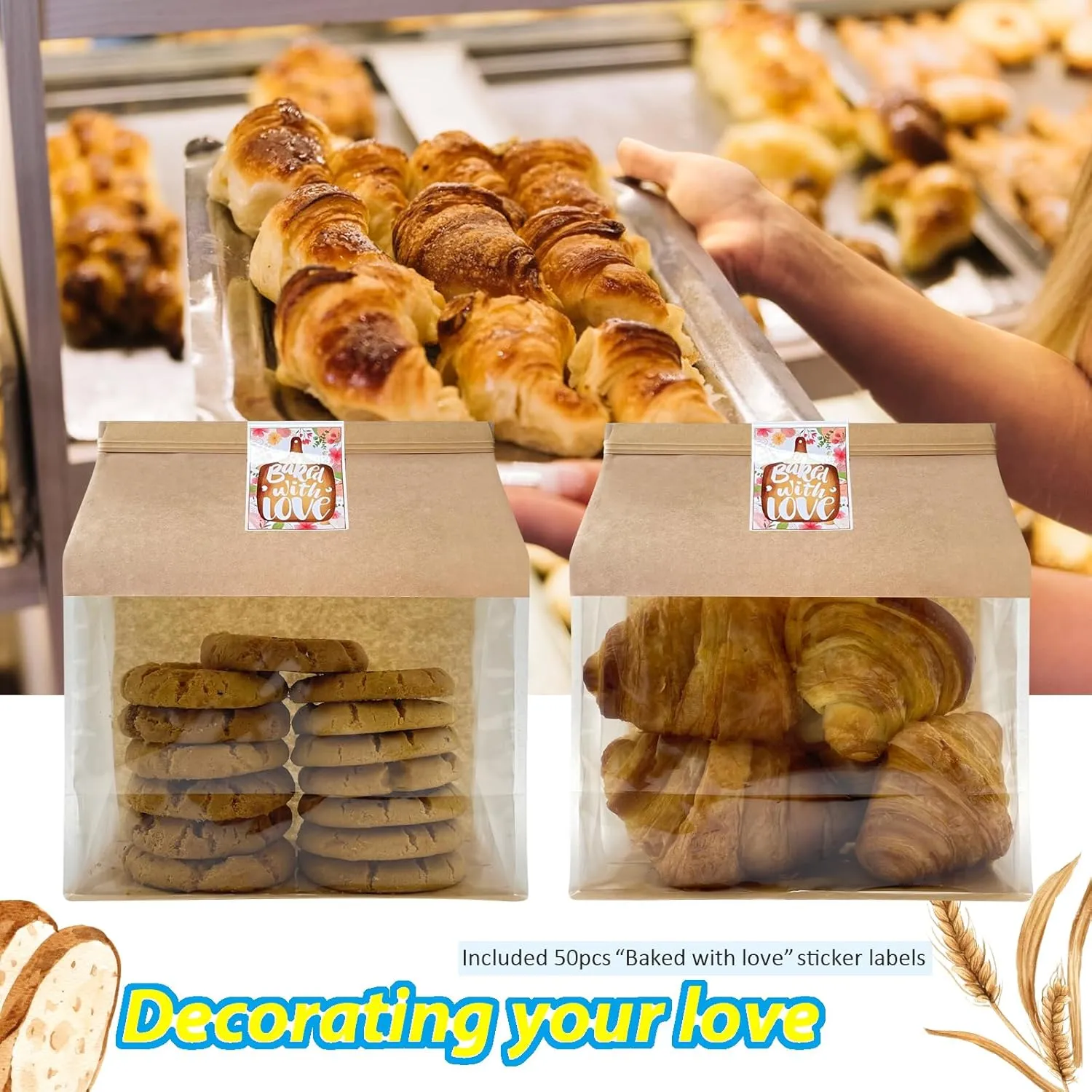 50ct 8.7×4.3×11inch Thicker Large Bread Bags for Homemade with Window, Twist Tie & Sticker Label - Ideal for Sourdough Bread, Loaf, Bakery, Pastry & Baked Goods, Brown Paper with Flat Bottom