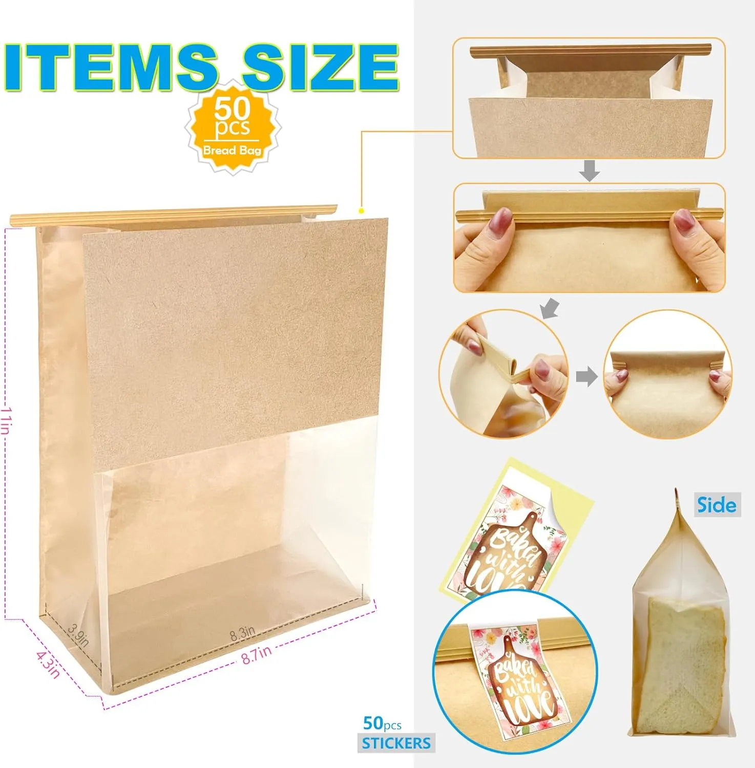 50ct 8.7×4.3×11inch Thicker Large Bread Bags for Homemade with Window, Twist Tie & Sticker Label - Ideal for Sourdough Bread, Loaf, Bakery, Pastry & Baked Goods, Brown Paper with Flat Bottom