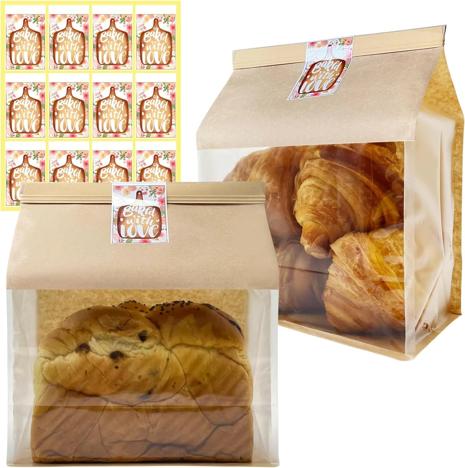 50ct 8.7×4.3×11inch Thicker Large Bread Bags for Homemade with Window, Twist Tie & Sticker Label - Ideal for Sourdough Bread, Loaf, Bakery, Pastry & Baked Goods, Brown Paper with Flat Bottom