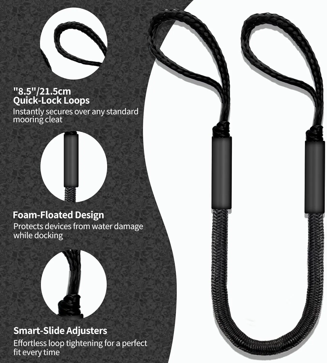 5FT Bungee Dock Line for Boats – UV-Resistant Elastic Mooring Rope – No-Tangle Quick Tie for PWC, Kayak, Canoe (Black)