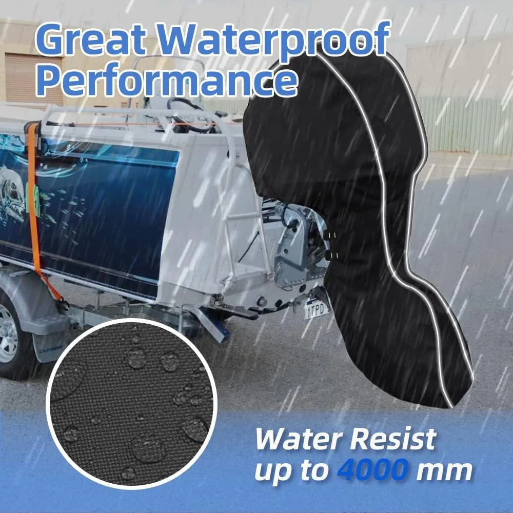 600D Fade and Crack Resistant Full Outboard Motor Cover,Heavy-Duty Waterproof and UV-Proof Boat Motor Cover,Trailerable Boat Engine Cover with Reflective Strips Black(Fits 60-90 HP)
