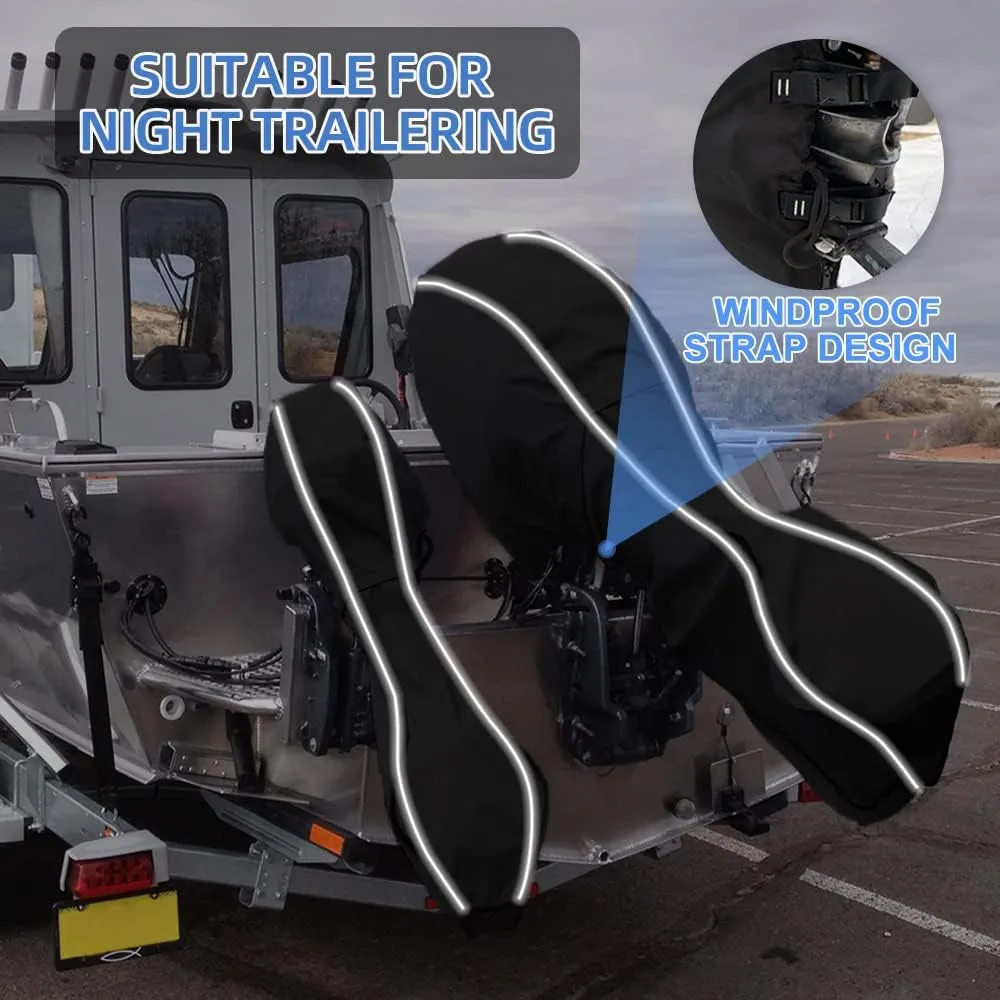 600D Fade and Crack Resistant Full Outboard Motor Cover,Heavy-Duty Waterproof and UV-Proof Boat Motor Cover,Trailerable Boat Engine Cover with Reflective Strips Black(Fits 60-90 HP)