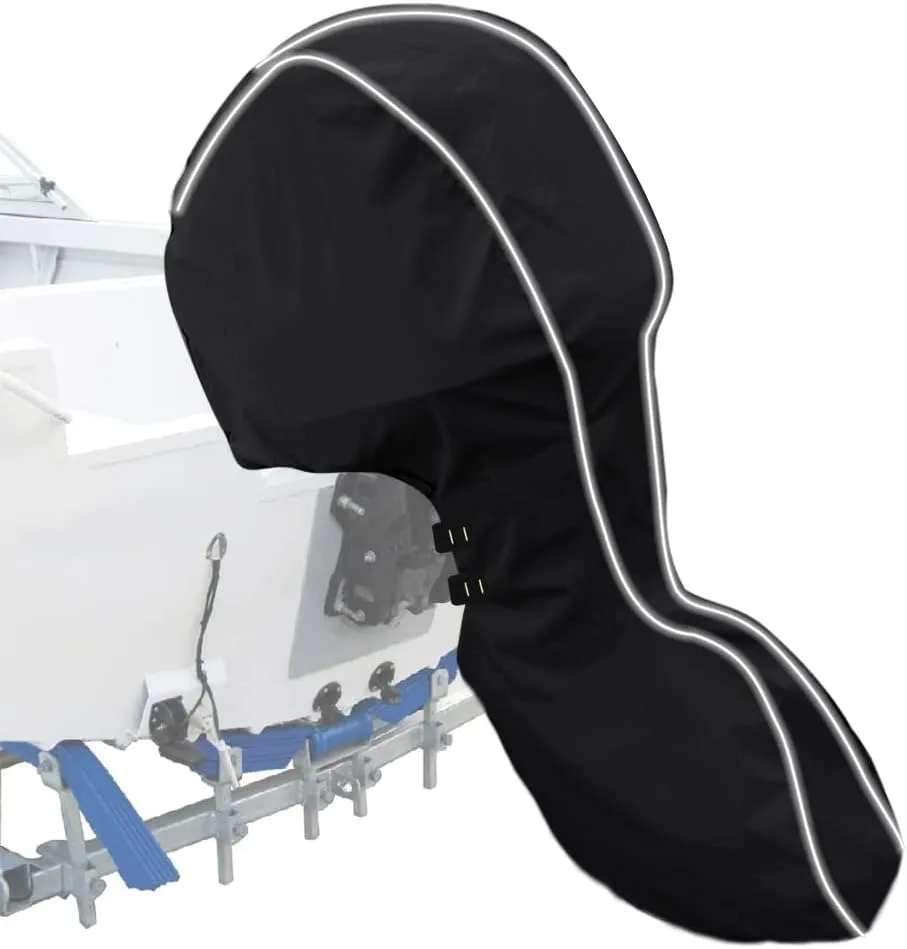 600D Fade and Crack Resistant Full Outboard Motor Cover,Heavy-Duty Waterproof and UV-Proof Boat Motor Cover,Trailerable Boat Engine Cover with Reflective Strips Black(Fits 60-90 HP)