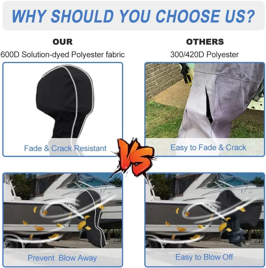 600D Fade and Crack Resistant Full Outboard Motor Cover,Heavy-Duty Waterproof and UV-Proof Boat Motor Cover,Trailerable Boat Engine Cover with Reflective Strips Black(Fits 60-90 HP)