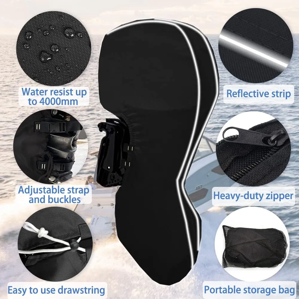 600D Fade and Crack Resistant Full Outboard Motor Cover,Heavy-Duty Waterproof and UV-Proof Boat Motor Cover,Trailerable Boat Engine Cover with Reflective Strips Black(Fits 60-90 HP)