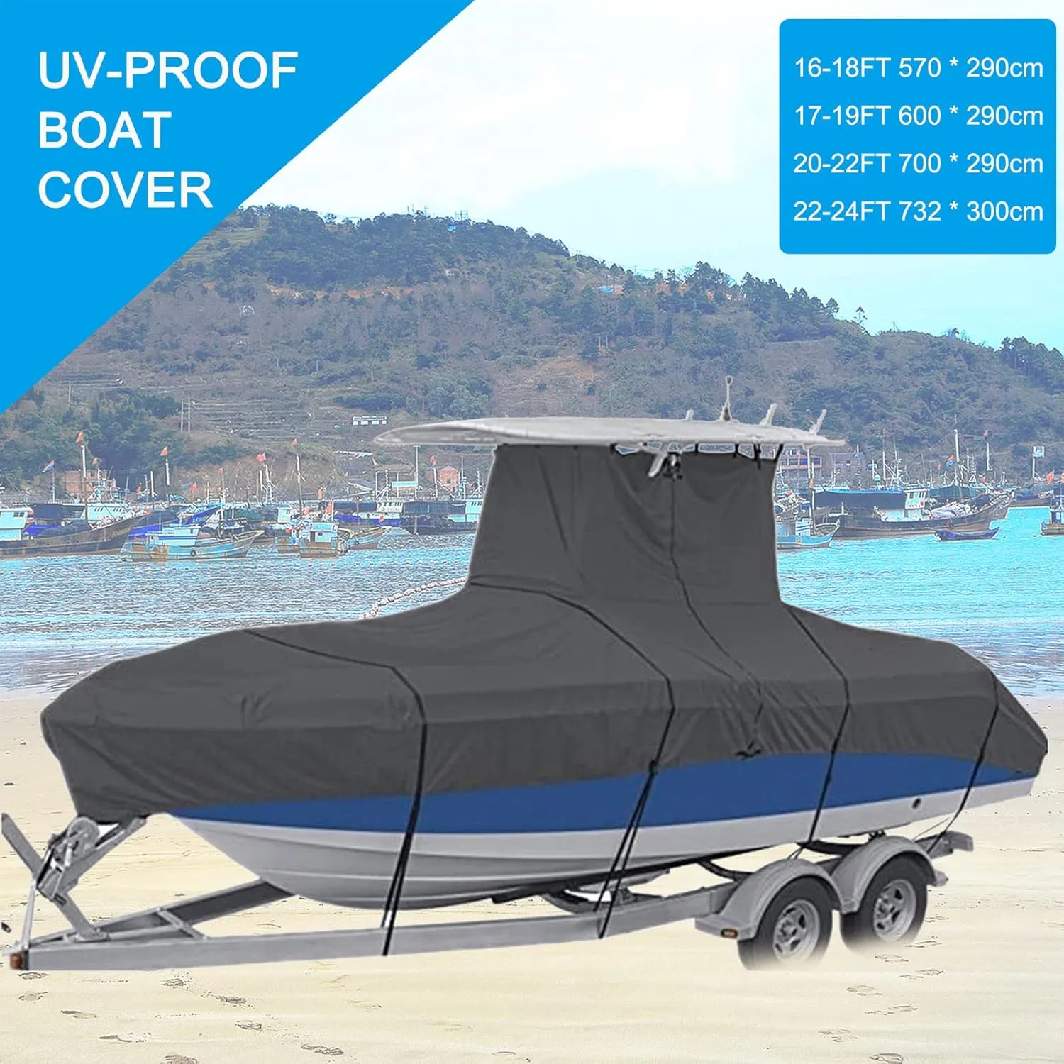 600D Oxford Fabric T-TOP Heavy-Duty Boat Cover Waterproof Sunproof UV Protector Anti-Smashing Durable and Tear Proof Cover Boat Accessories,Black,20
