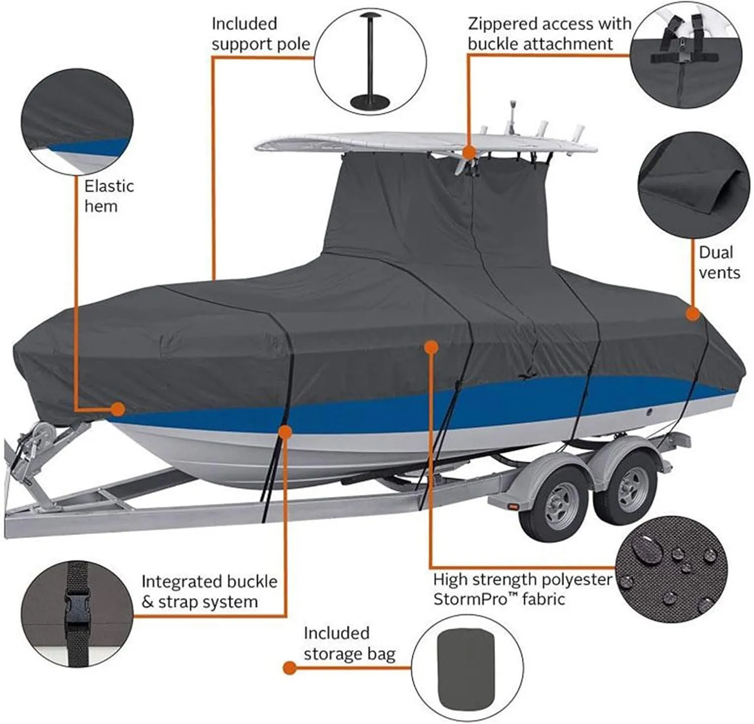 600D Oxford Fabric T-TOP Heavy-Duty Boat Cover Waterproof Sunproof UV Protector Anti-Smashing Durable and Tear Proof Cover Boat Accessories,Black,20