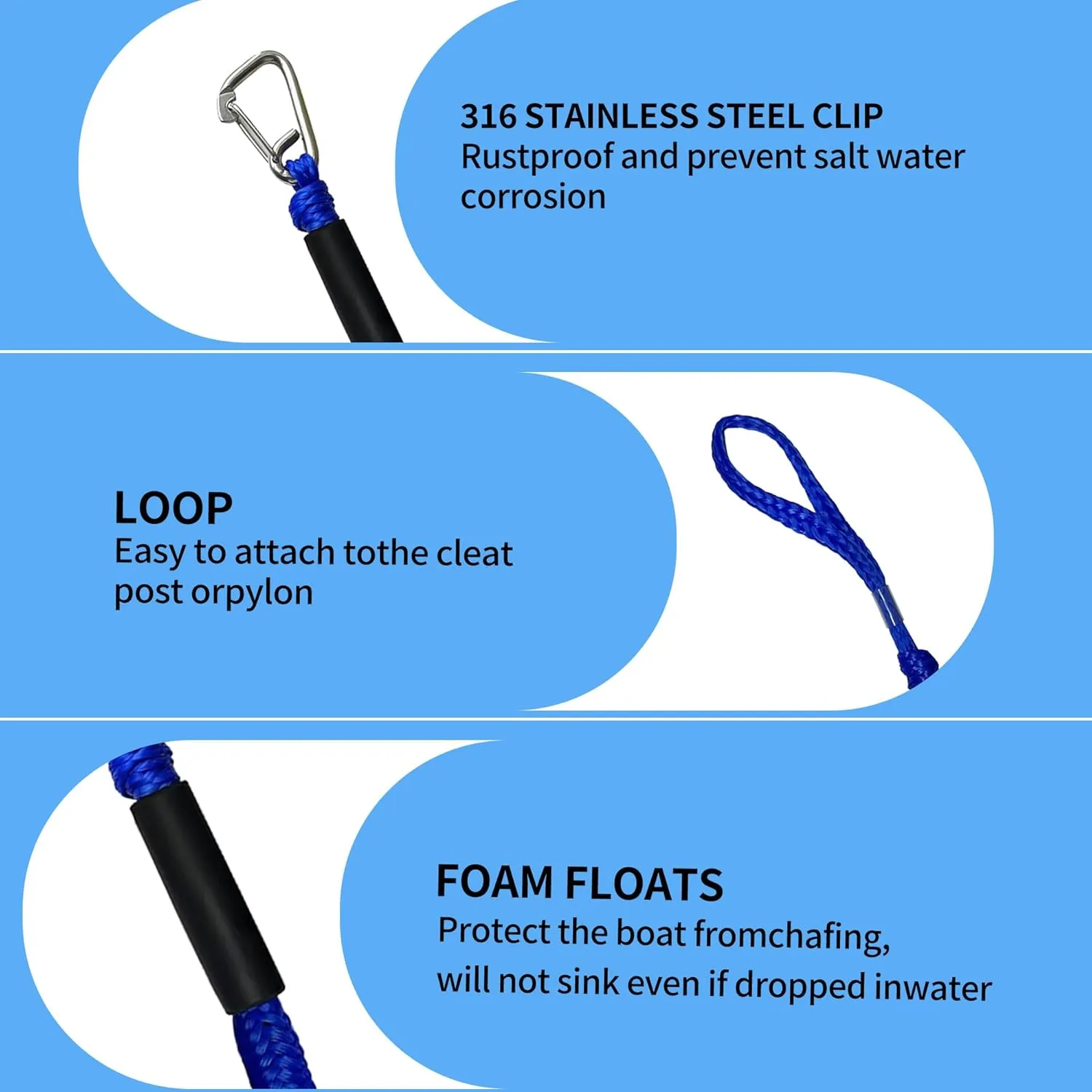 7-11FT Boat Bungee Dock Lines with 316 Stainless Steel Clips – Stretchable Elastic Mooring Ropes for Pontoon Boat,Seadoo,Bass Boat,Jet Ski,Kayak,Watercraft,Fishing Boat,2Pac (Blue)