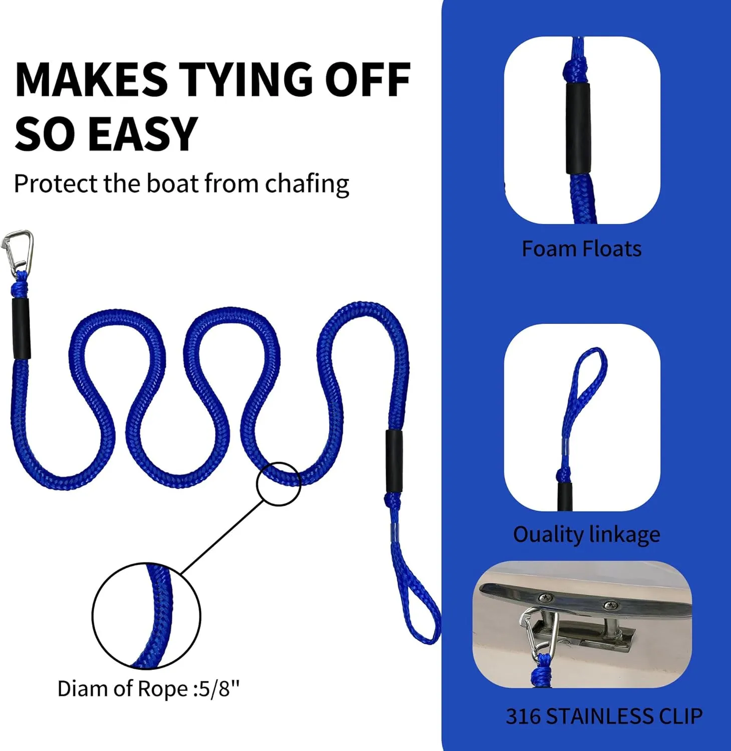 7-11FT Boat Bungee Dock Lines with 316 Stainless Steel Clips – Stretchable Elastic Mooring Ropes for Pontoon Boat,Seadoo,Bass Boat,Jet Ski,Kayak,Watercraft,Fishing Boat,2Pac (Blue)