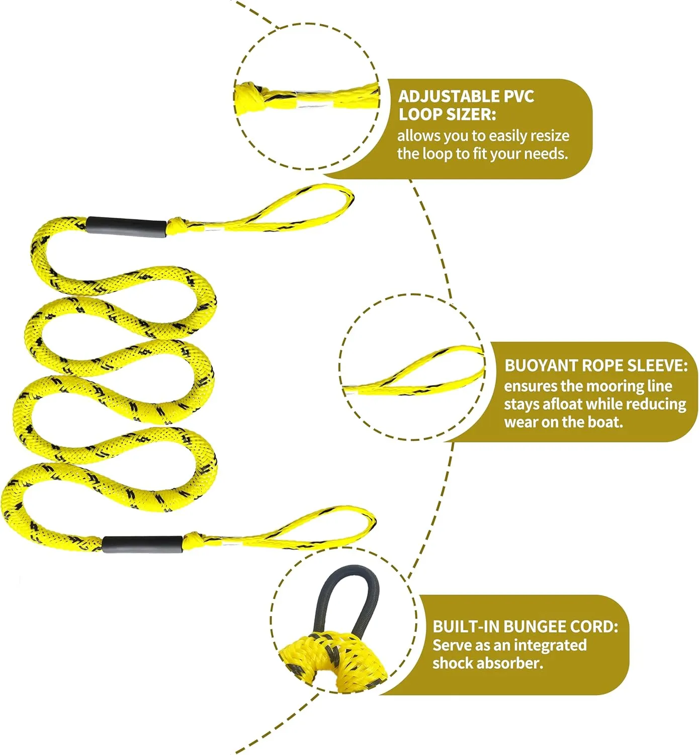 7ft Anchor Bungee Dock Lines for Boats – Boat Ropes for Docking with Loops – Ideal for Jet Ski, Pontoon, Kayak & Marine Use (Yellow & Black, 7ft no Hook 1 Pack)