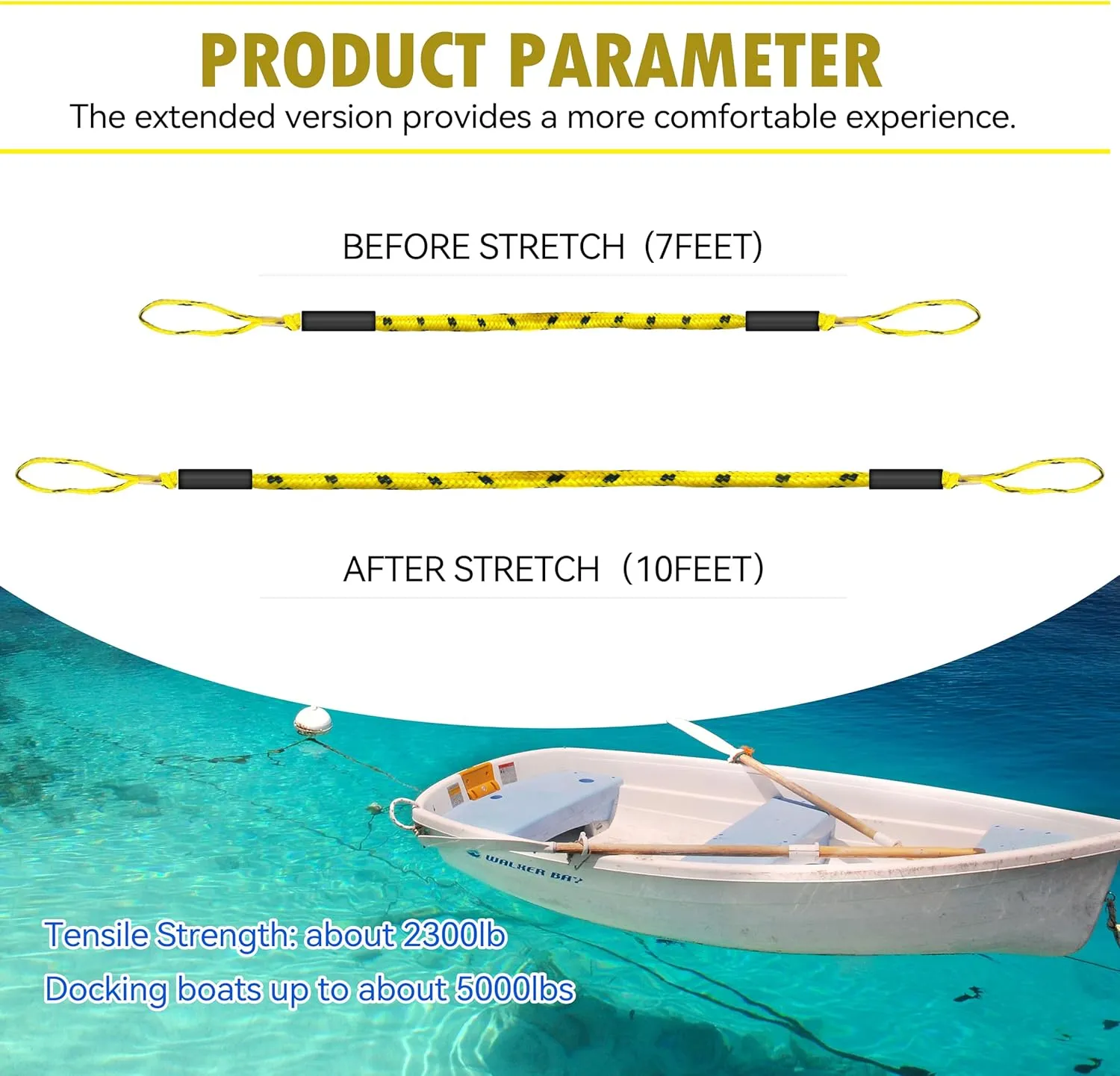 7ft Anchor Bungee Dock Lines for Boats – Boat Ropes for Docking with Loops – Ideal for Jet Ski, Pontoon, Kayak & Marine Use (Yellow & Black, 7ft no Hook 1 Pack)