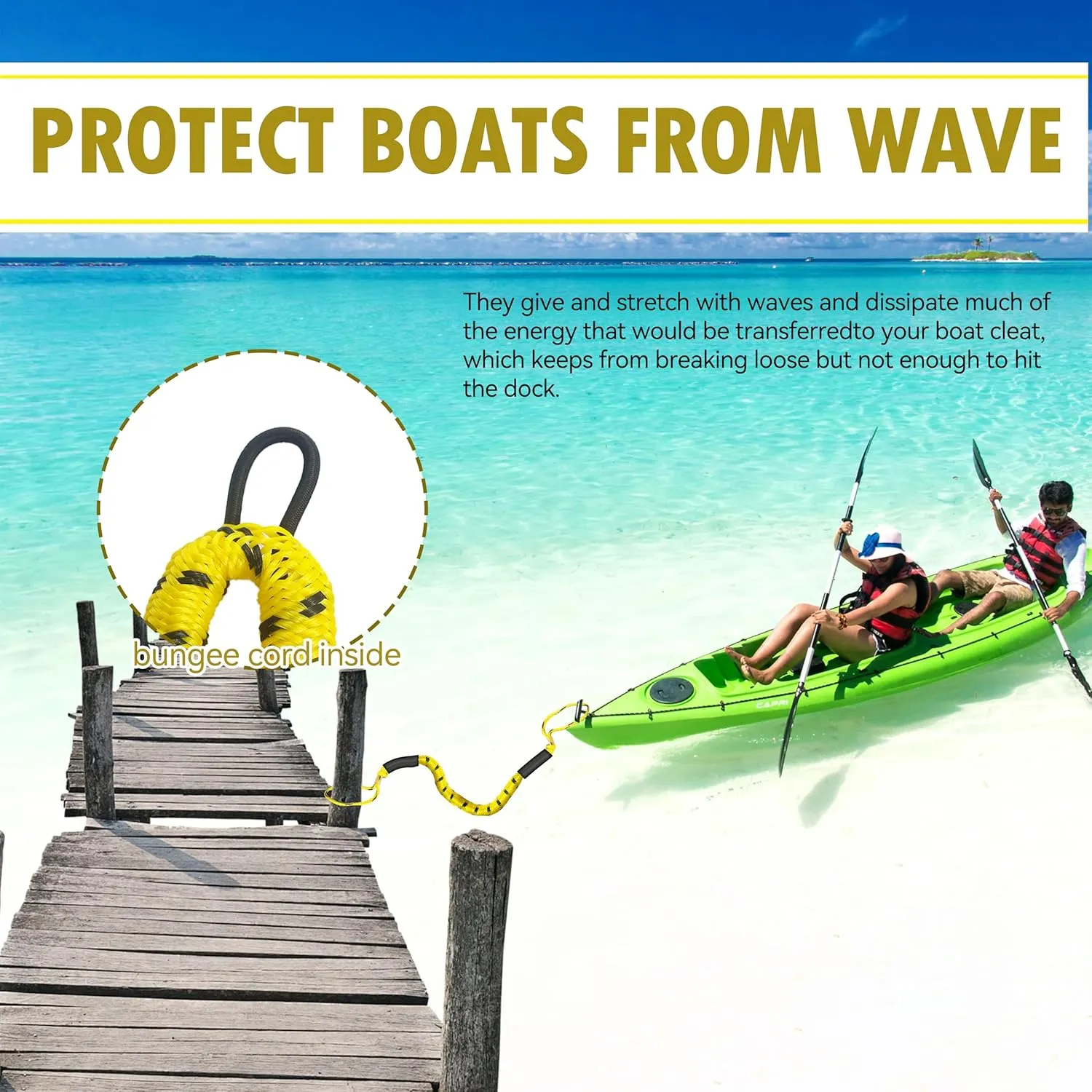 7ft Anchor Bungee Dock Lines for Boats – Boat Ropes for Docking with Loops – Ideal for Jet Ski, Pontoon, Kayak & Marine Use (Yellow & Black, 7ft no Hook 1 Pack)