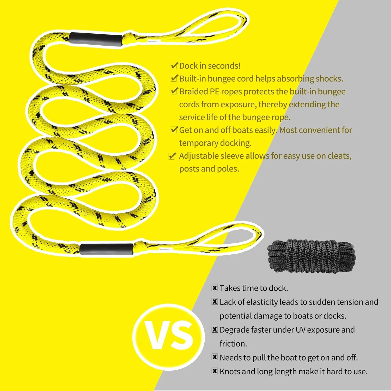 7ft Anchor Bungee Dock Lines for Boats – Boat Ropes for Docking with Loops – Ideal for Jet Ski, Pontoon, Kayak & Marine Use (Yellow & Black, 7ft no Hook 1 Pack)