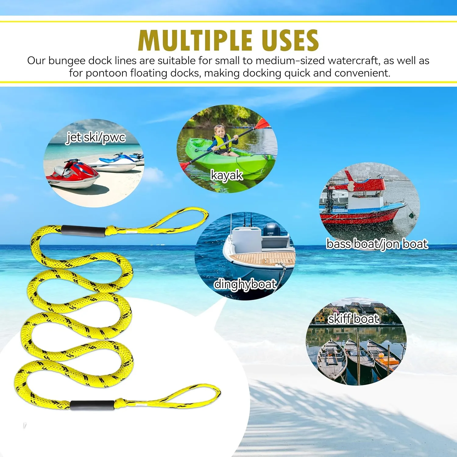 7ft Anchor Bungee Dock Lines for Boats – Boat Ropes for Docking with Loops – Ideal for Jet Ski, Pontoon, Kayak & Marine Use (Yellow & Black, 7ft no Hook 1 Pack)