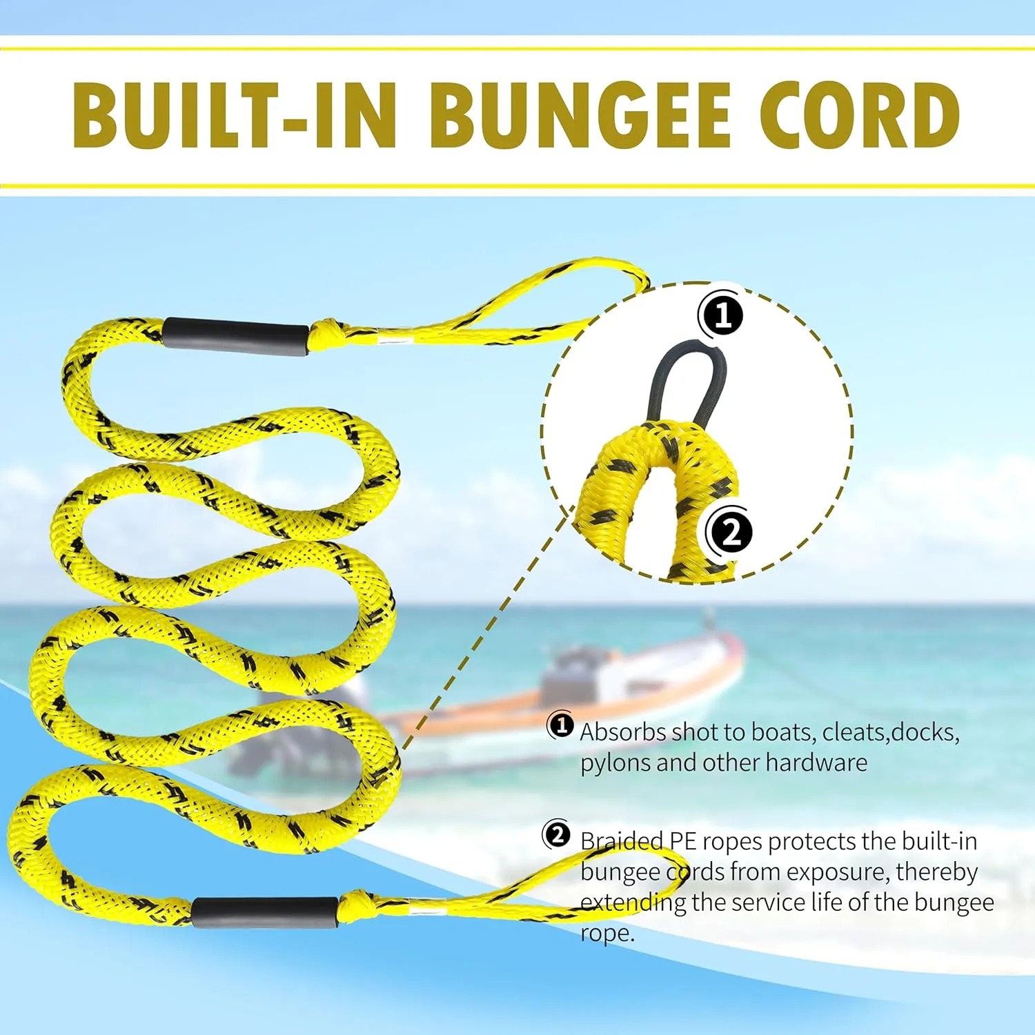 7ft Anchor Bungee Dock Lines for Boats – Boat Ropes for Docking with Loops – Ideal for Jet Ski, Pontoon, Kayak & Marine Use (Yellow & Black, 7ft no Hook 1 Pack)