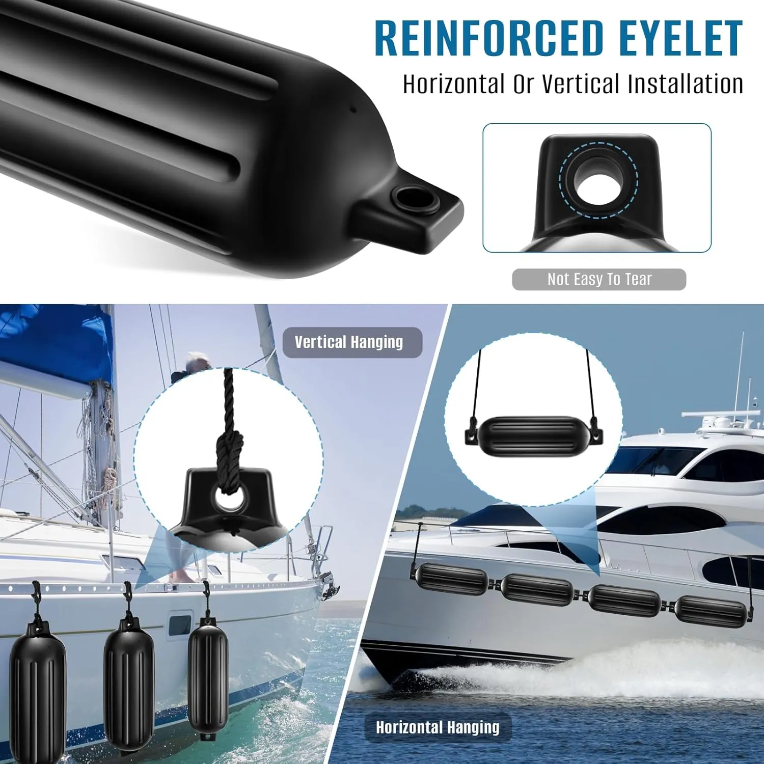 8.5 x 27 Inches Twin Eyes Ribbed Boat Fenders 4 Pack Boat Fenders Bumpers with Lines and Pump to Inflate for Docking
