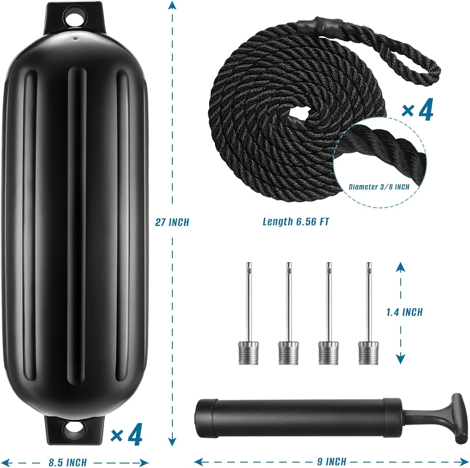 8.5 x 27 Inches Twin Eyes Ribbed Boat Fenders 4 Pack Boat Fenders Bumpers with Lines and Pump to Inflate for Docking