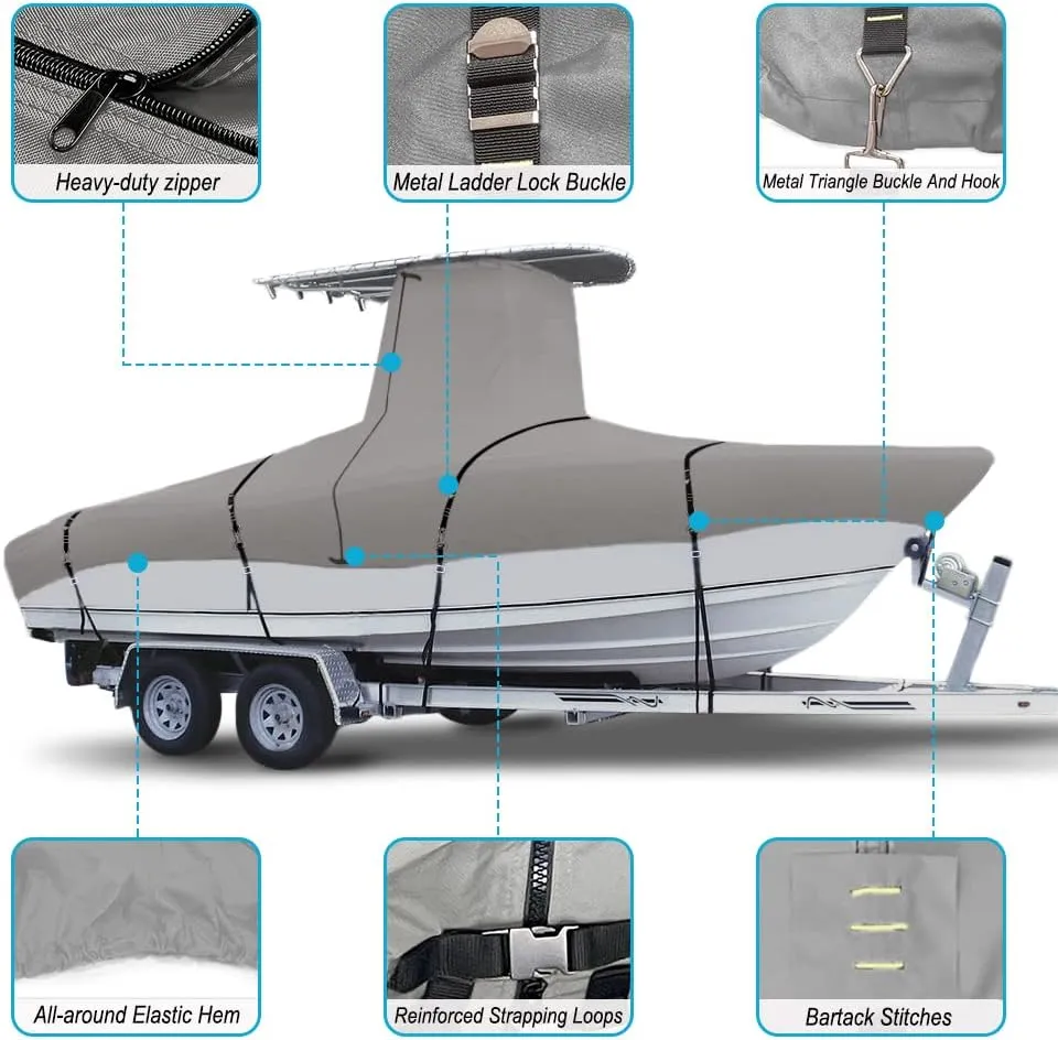 900D Marine Grade Fade and Tear Resistant Trailerable T-Top Boat Cover，Heavy-Duty Waterproof and UV-Proof TTOP Boat Storage Cover with Windproof Metal Buckle Straps Fit 20ft-22ft L(Grey)
