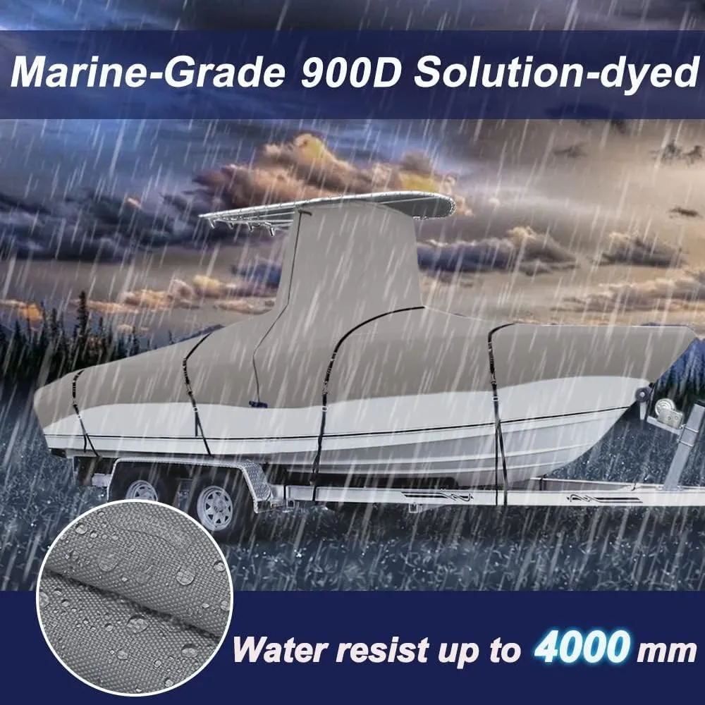 900D Marine Grade Fade and Tear Resistant Trailerable T-Top Boat Cover，Heavy-Duty Waterproof and UV-Proof TTOP Boat Storage Cover with Windproof Metal Buckle Straps Fit 20ft-22ft L(Grey)