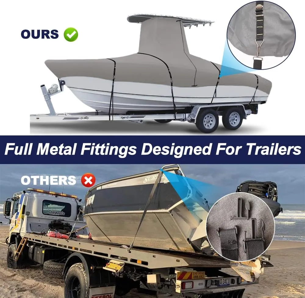 900D Marine Grade Fade and Tear Resistant Trailerable T-Top Boat Cover，Heavy-Duty Waterproof and UV-Proof TTOP Boat Storage Cover with Windproof Metal Buckle Straps Fit 20ft-22ft L(Grey)