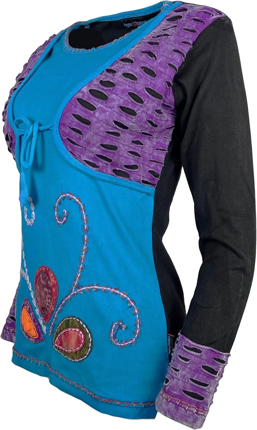 Agan Traders Women's 2025 Spring Thick Knit Cotton Boho Bohemian Sleeve Hippie Tie Dye Patchwork Sweatshirt Blouse Top