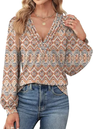 Agnes Urban Womens V Neck Long Sleeve Tops Dressy Casual Fall Shirts Puff Sleeve Loose Tunic Trendy Tops Blouses