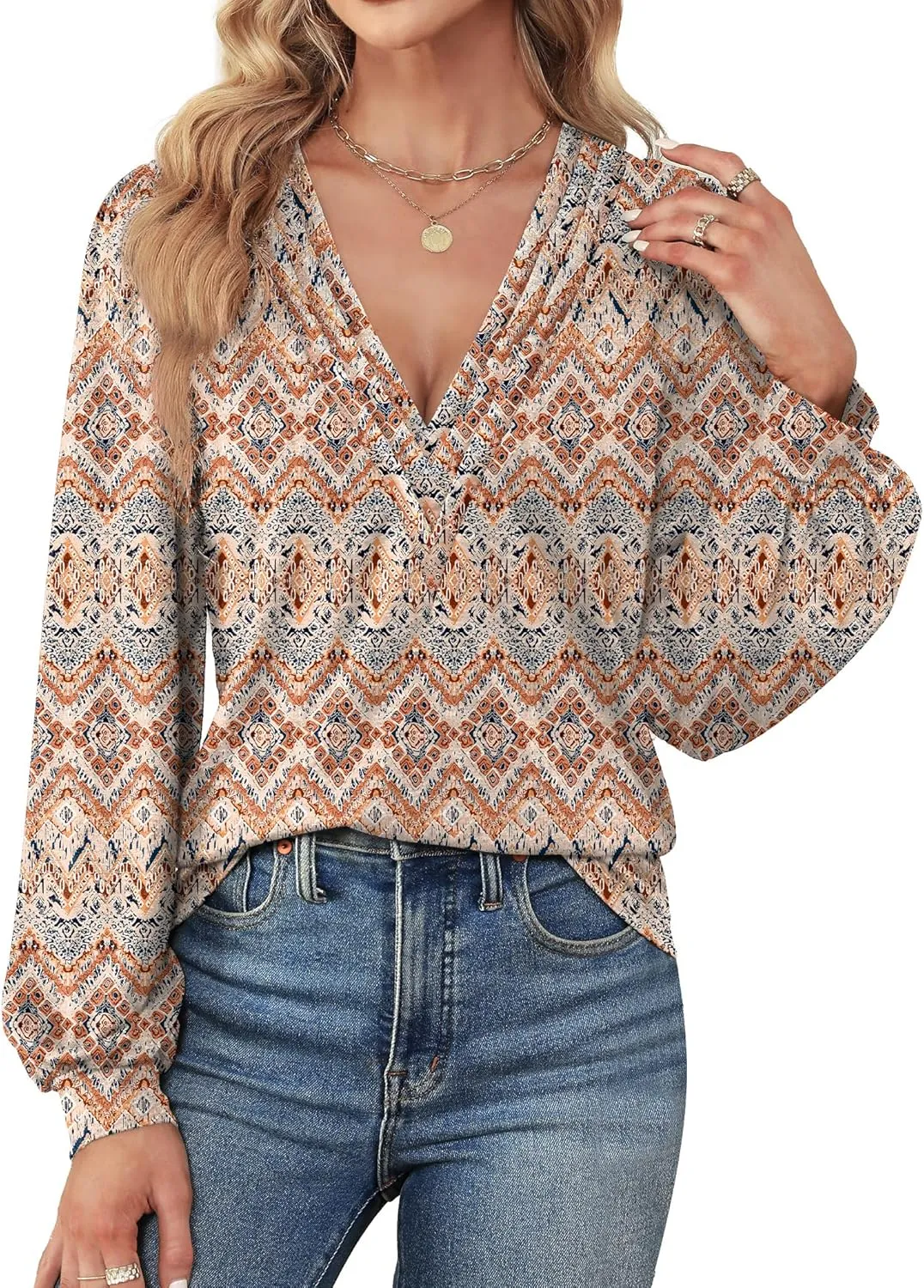 Agnes Urban Womens V Neck Long Sleeve Tops Dressy Casual Fall Shirts Puff Sleeve Loose Tunic Trendy Tops Blouses