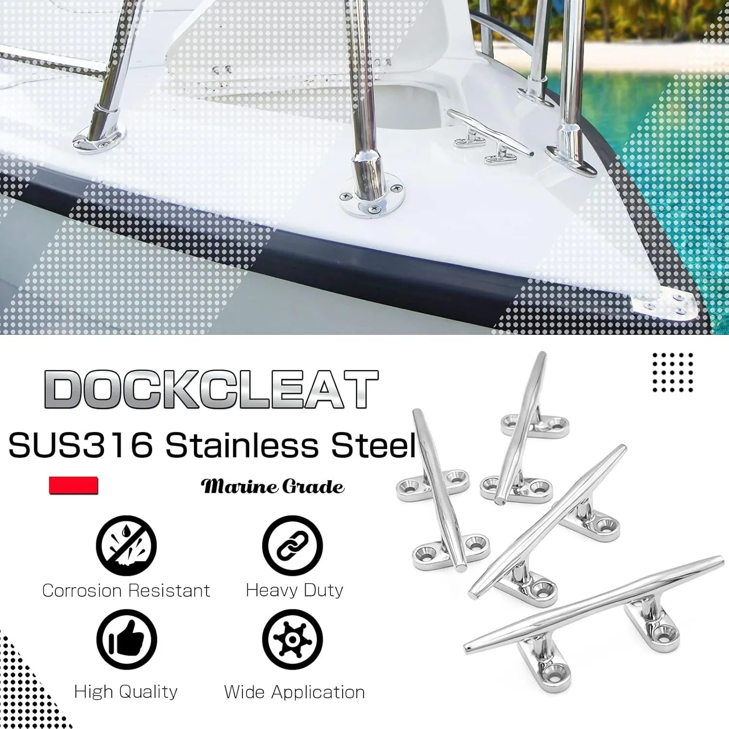 AMYSPORTS Heavy Rope Dock Cleat Marine Open Base Dock Cleats Stainless Steel Hardware Boat Cleat Mooring Kayak SUS316