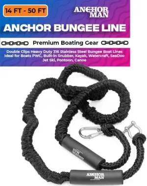 Anchor-Man Boat Bungee Dock Lines 14ft-50ft Heavy-Duty Bungee Anchor Line with 316 Stainless Steel Clips High-Elasticity Bungee Rope for Boat, Jet Ski, & Kayak