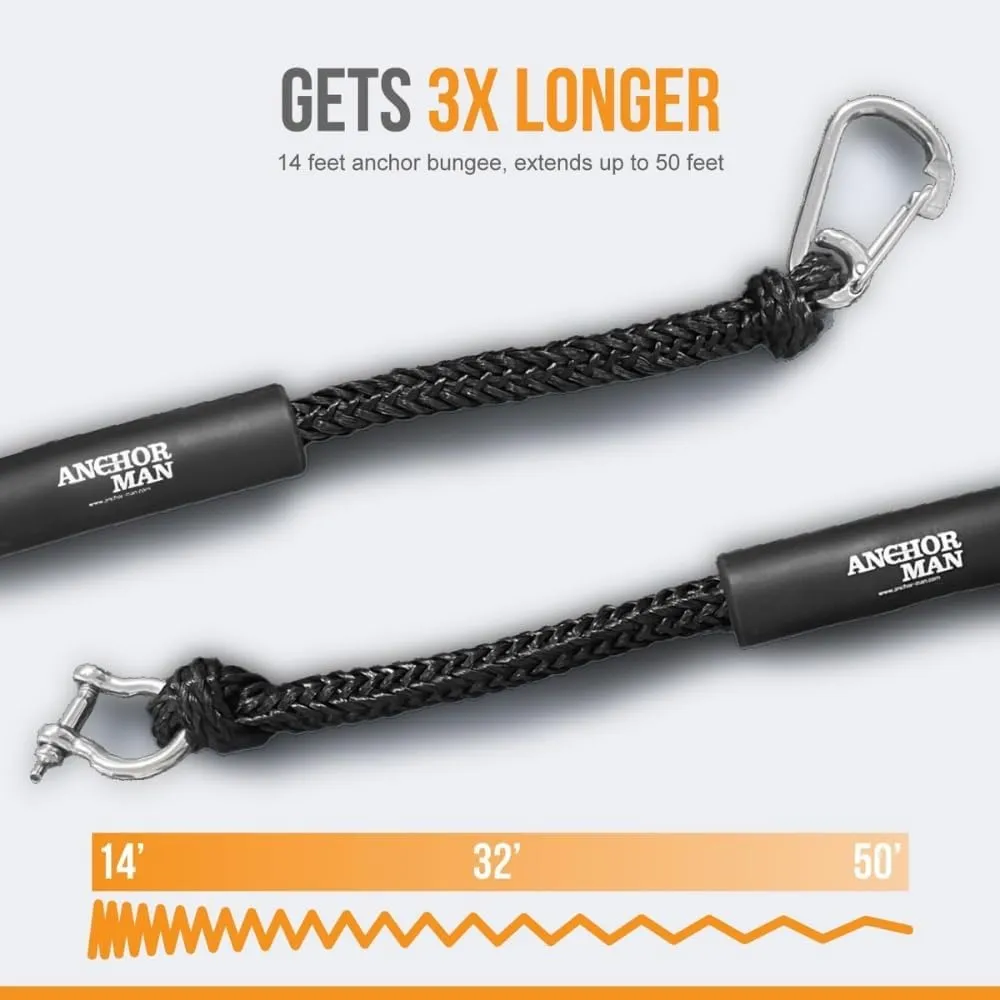 Anchor-Man Boat Bungee Dock Lines 14ft-50ft Heavy-Duty Bungee Anchor Line with 316 Stainless Steel Clips High-Elasticity Bungee Rope for Boat, Jet Ski, & Kayak