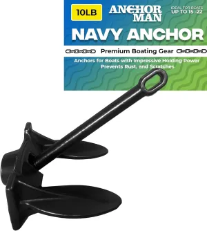 Anchor-Man Navy Anchor (10lb 15lb 20lb 30lb) – Black Vinyl Coated Naval Anchors for Boats with Impressive Holding Power - Prevents Rust, and Scratches