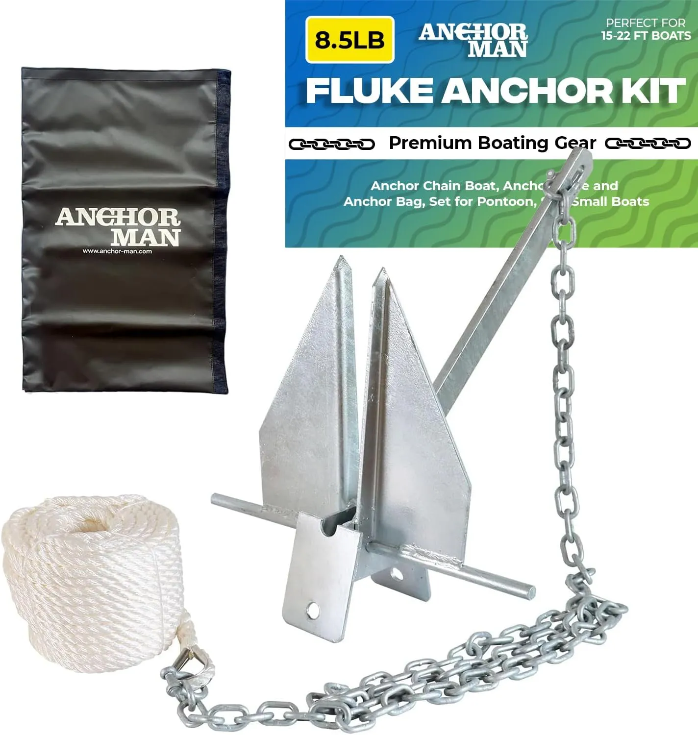 Anchor-Man Premium Boat Anchor Kit, Fluke Style Small Boat Anchor Kit, Includes Sea Anchor Chain, Anchor Rope & Free Anchor Storage Bag