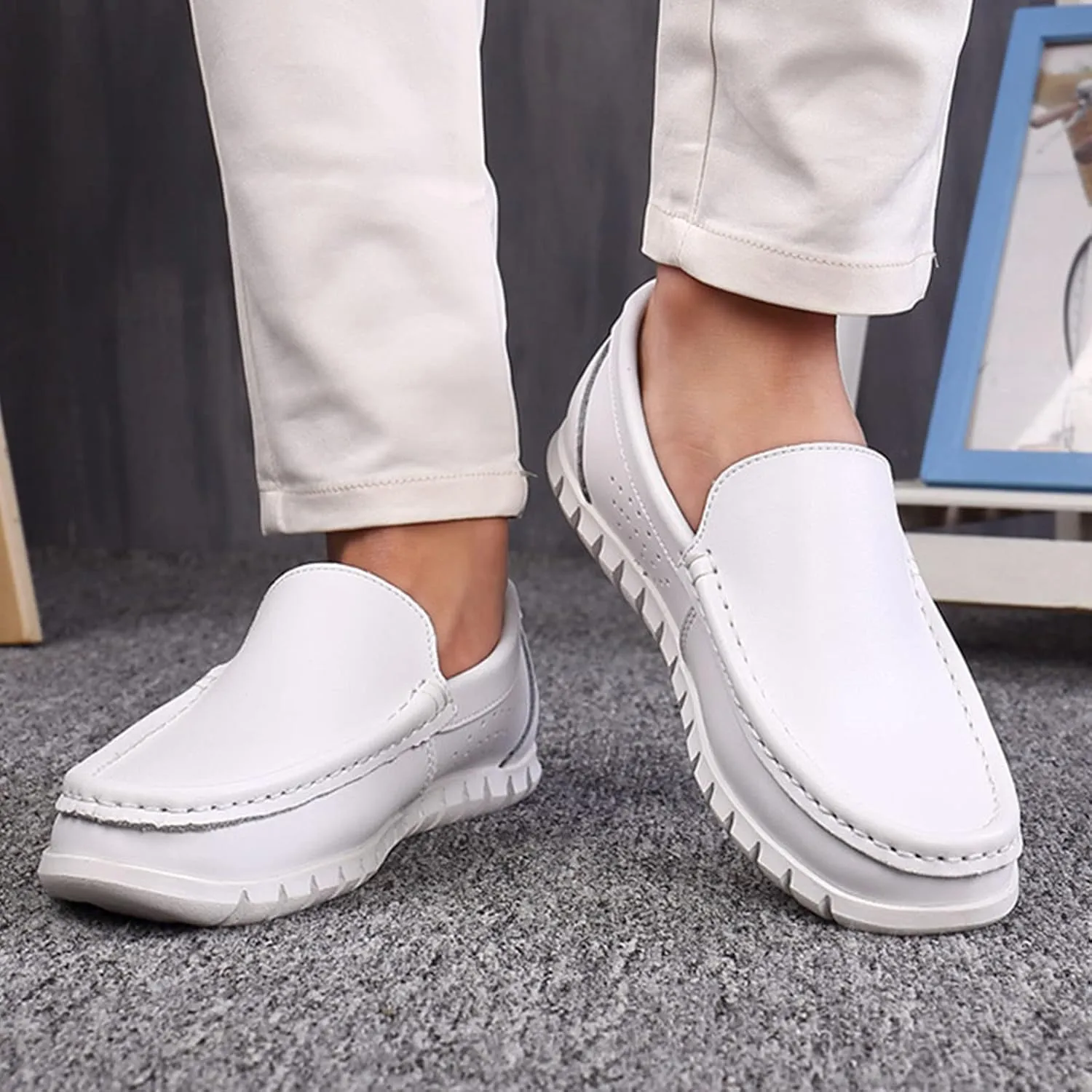 AngryMonkey Men's Leather Slip on Penny Loafers,Lightweight Comfort Orthotic Cushion Softsole Nursing Walking Driving Casual Shoes