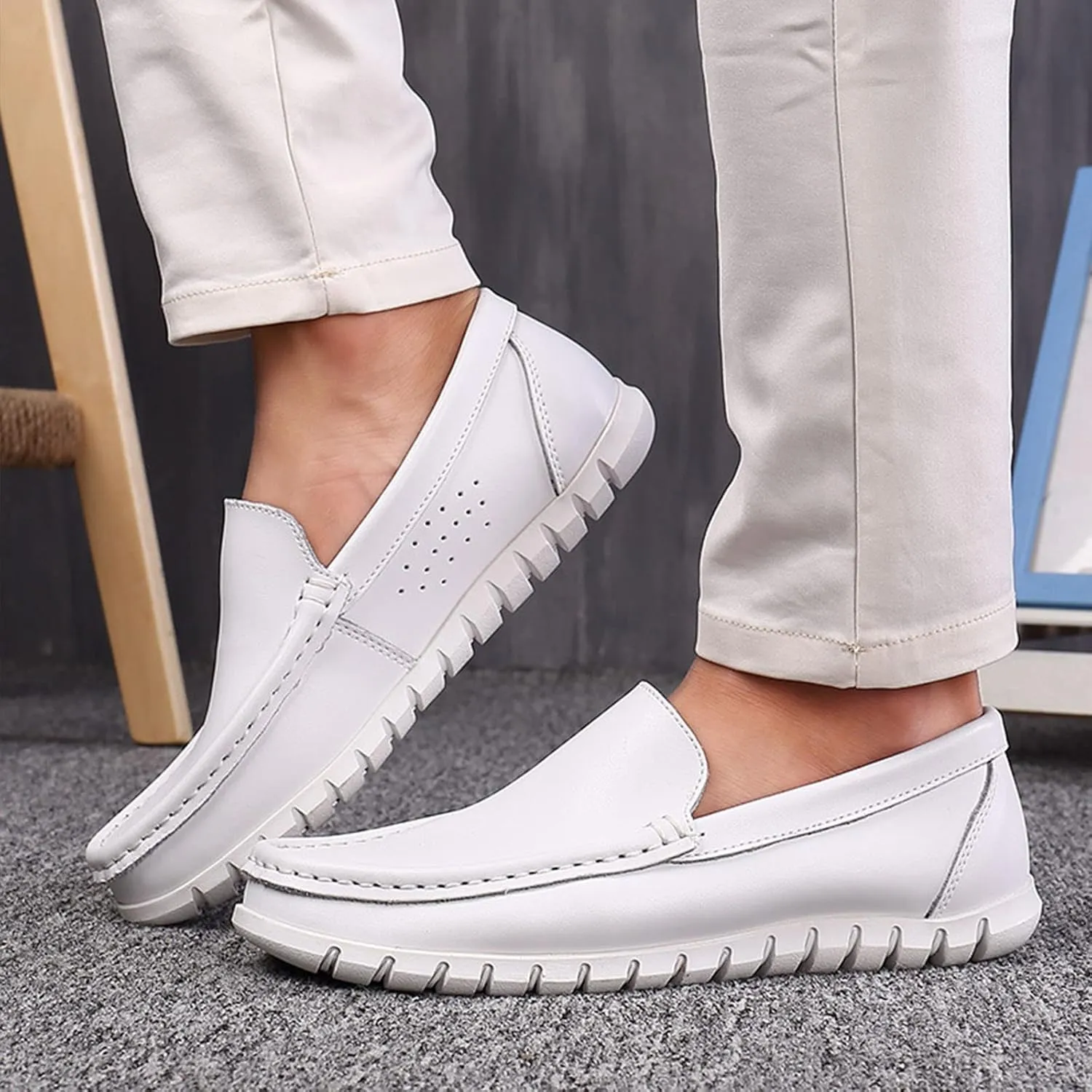 AngryMonkey Men's Leather Slip on Penny Loafers,Lightweight Comfort Orthotic Cushion Softsole Nursing Walking Driving Casual Shoes
