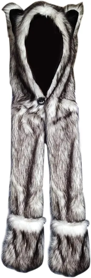 Animal Hat Faux Fur Hood Scarf Full Pockets Ear Flat Cap Hoodie Furry Gloves Party Costume (Inner Zipper Pocket Husky)