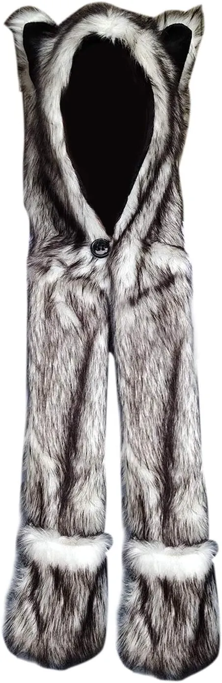 Animal Hat Faux Fur Hood Scarf Full Pockets Ear Flat Cap Hoodie Furry Gloves Party Costume (Inner Zipper Pocket Husky)