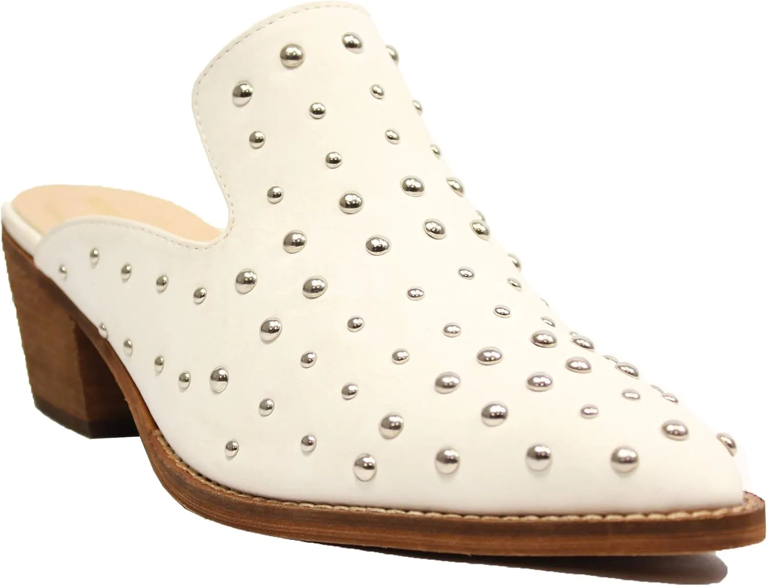 ARiderGirl Cara Studs Studded Stacked Heel Pointed Toe Mule Slip On Mules