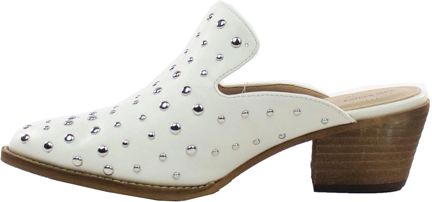 ARiderGirl Cara Studs Studded Stacked Heel Pointed Toe Mule Slip On Mules
