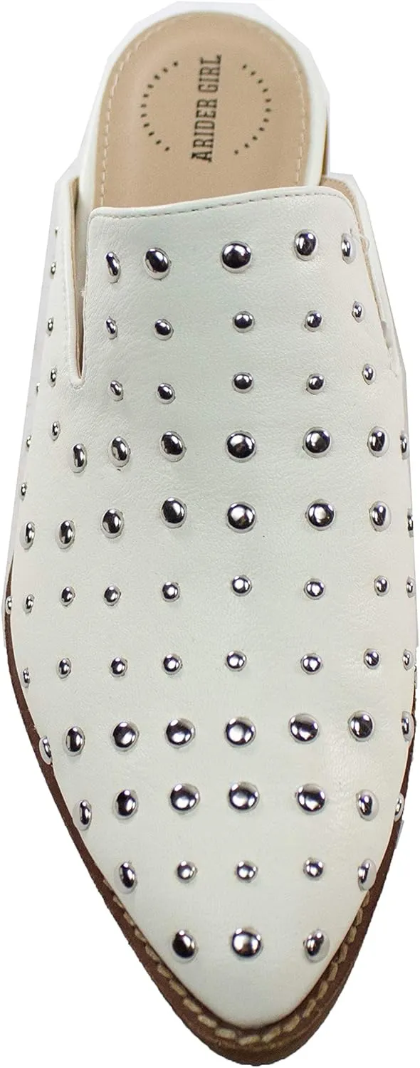 ARiderGirl Cara Studs Studded Stacked Heel Pointed Toe Mule Slip On Mules