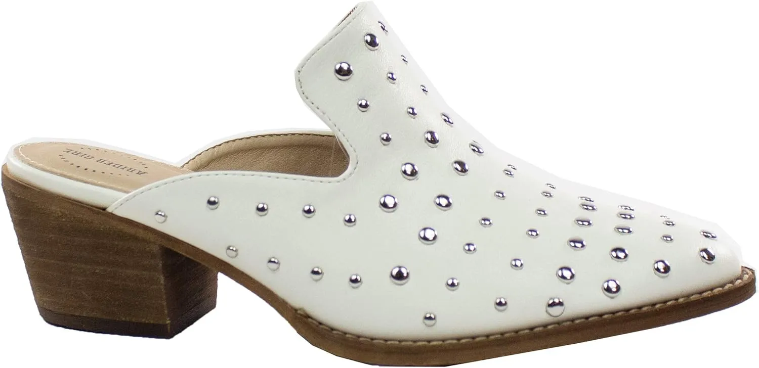 ARiderGirl Cara Studs Studded Stacked Heel Pointed Toe Mule Slip On Mules
