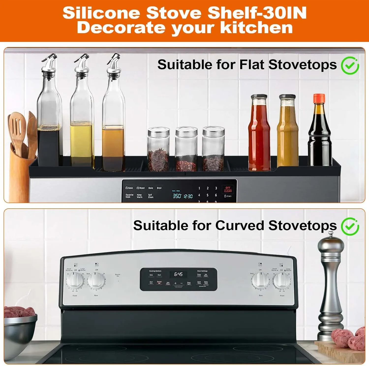 AWOKE Stove Top Shelf 30 Inch - Silicone Material Magnetic Shelf for Stove - 3 Functional Partitions Kitchen Spice Rack Organizer-Black,Kitchen Gadgets Storage Organization