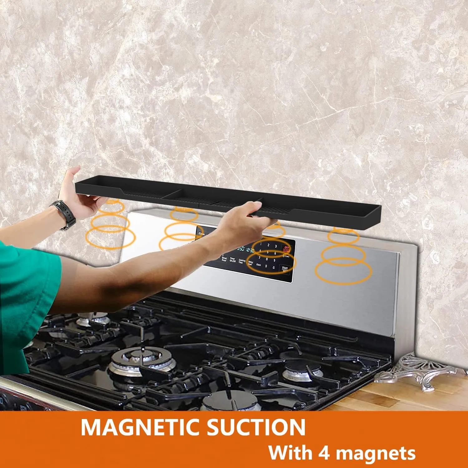 AWOKE Stove Top Shelf 30 Inch - Silicone Material Magnetic Shelf for Stove - 3 Functional Partitions Kitchen Spice Rack Organizer-Black,Kitchen Gadgets Storage Organization