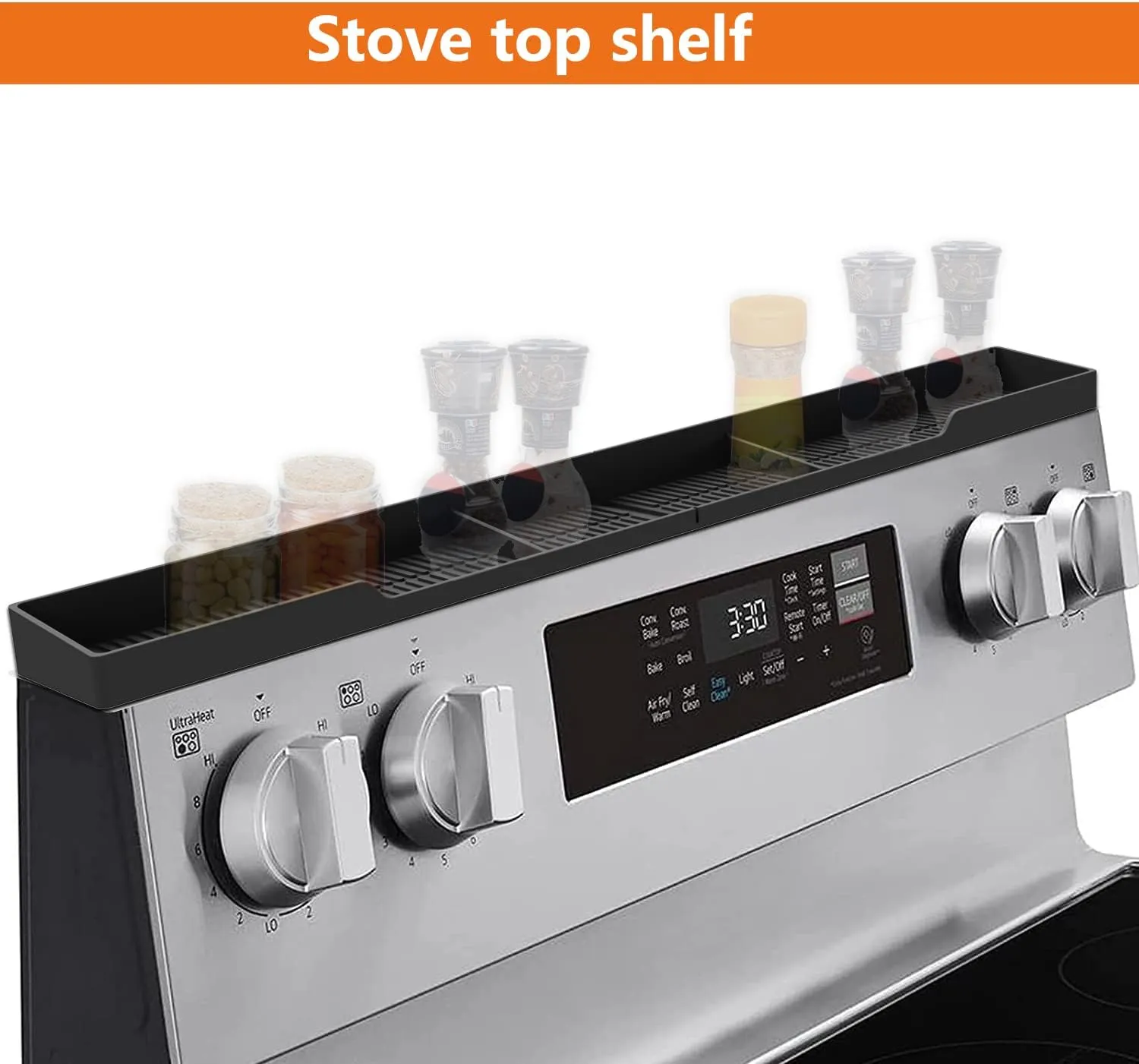 AWOKE Stove Top Shelf 30 Inch - Silicone Material Magnetic Shelf for Stove - 3 Functional Partitions Kitchen Spice Rack Organizer-Black,Kitchen Gadgets Storage Organization