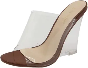 BAMBOO Women's Lucite Clear Wedge Heel Open Toe Slip On Mule Dress Shoe