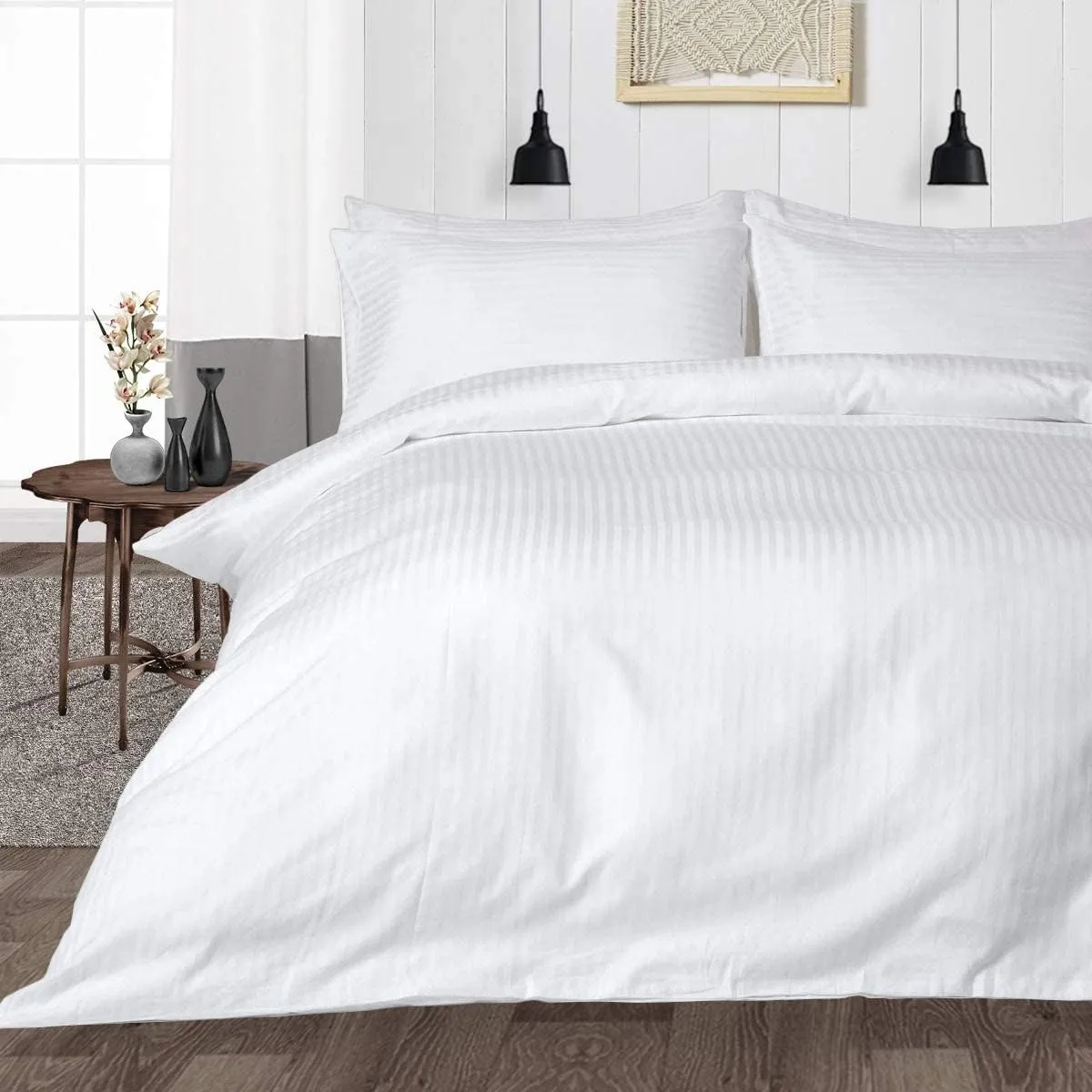 Bed Sheet Set of 5PCs, White Stripe,Full-XL Size, 1 Fitted Sheet (15"-16") Deep Pocket, 1 Flat Sheet, 1 Duvet Cover with Zipper and 2 Pillowcases, Pure Egyptian Cotton, 400 Thread Count.