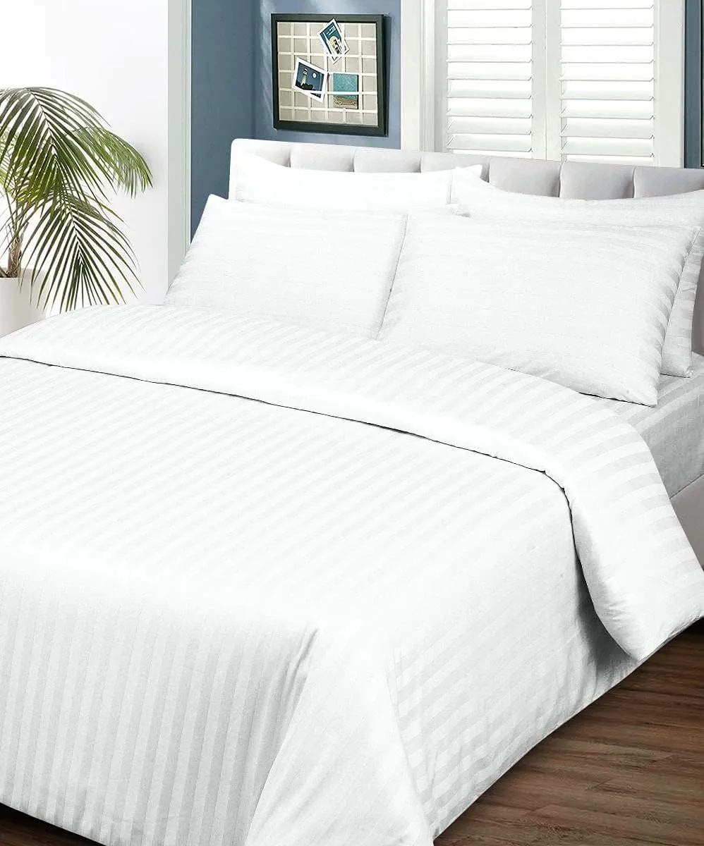 Bed Sheet Set of 5PCs, White Stripe,Full-XL Size, 1 Fitted Sheet (15"-16") Deep Pocket, 1 Flat Sheet, 1 Duvet Cover with Zipper and 2 Pillowcases, Pure Egyptian Cotton, 400 Thread Count.