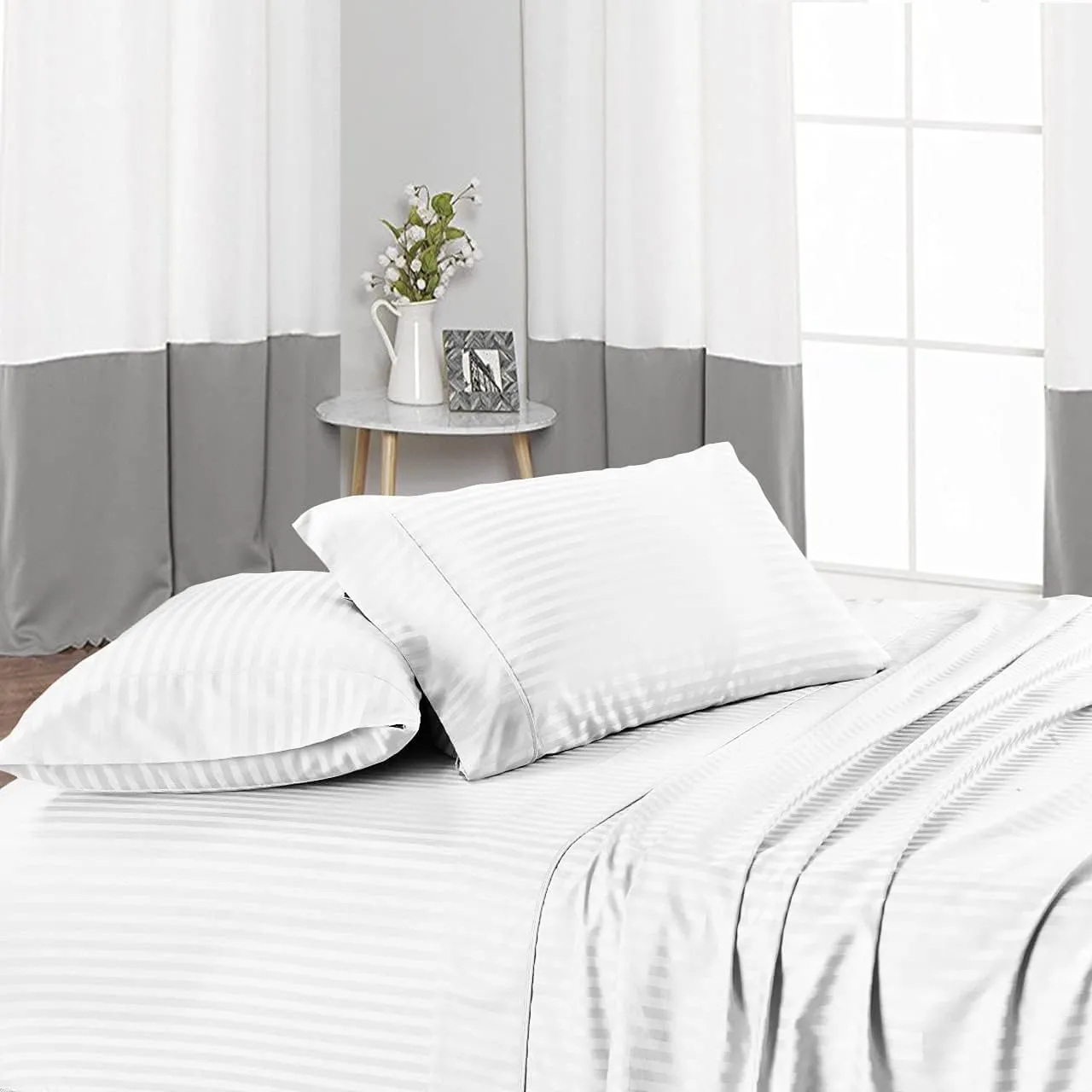 Bed Sheet Set of 5PCs, White Stripe,Full-XL Size, 1 Fitted Sheet (15"-16") Deep Pocket, 1 Flat Sheet, 1 Duvet Cover with Zipper and 2 Pillowcases, Pure Egyptian Cotton, 400 Thread Count.