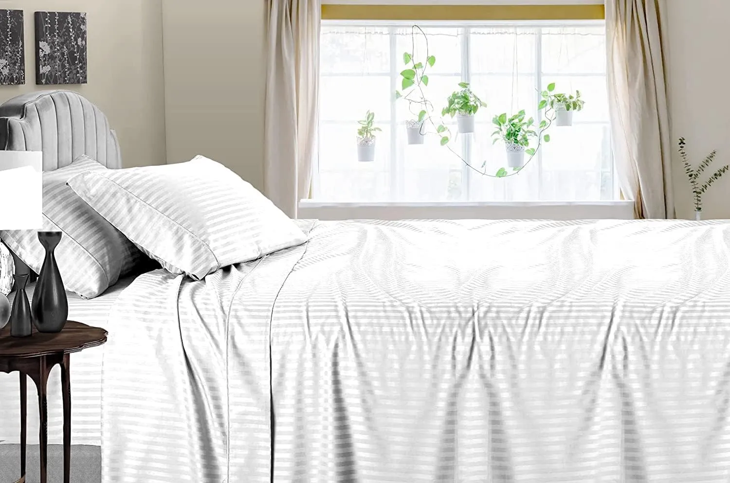Bed Sheet Set of 5PCs, White Stripe,Full-XL Size, 1 Fitted Sheet (15"-16") Deep Pocket, 1 Flat Sheet, 1 Duvet Cover with Zipper and 2 Pillowcases, Pure Egyptian Cotton, 400 Thread Count.